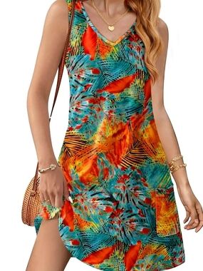Tropical V-Neck Swim Cover-Up Dress in Teal & Orange
